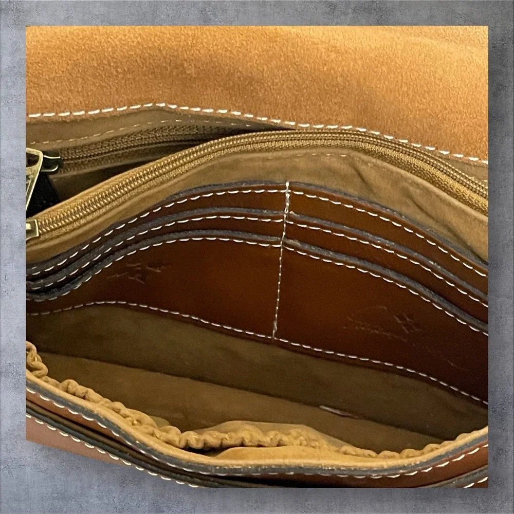 Patricia Nash Italian Leather Brown Crossbody Bag Vintage Push Lock Accordion‎